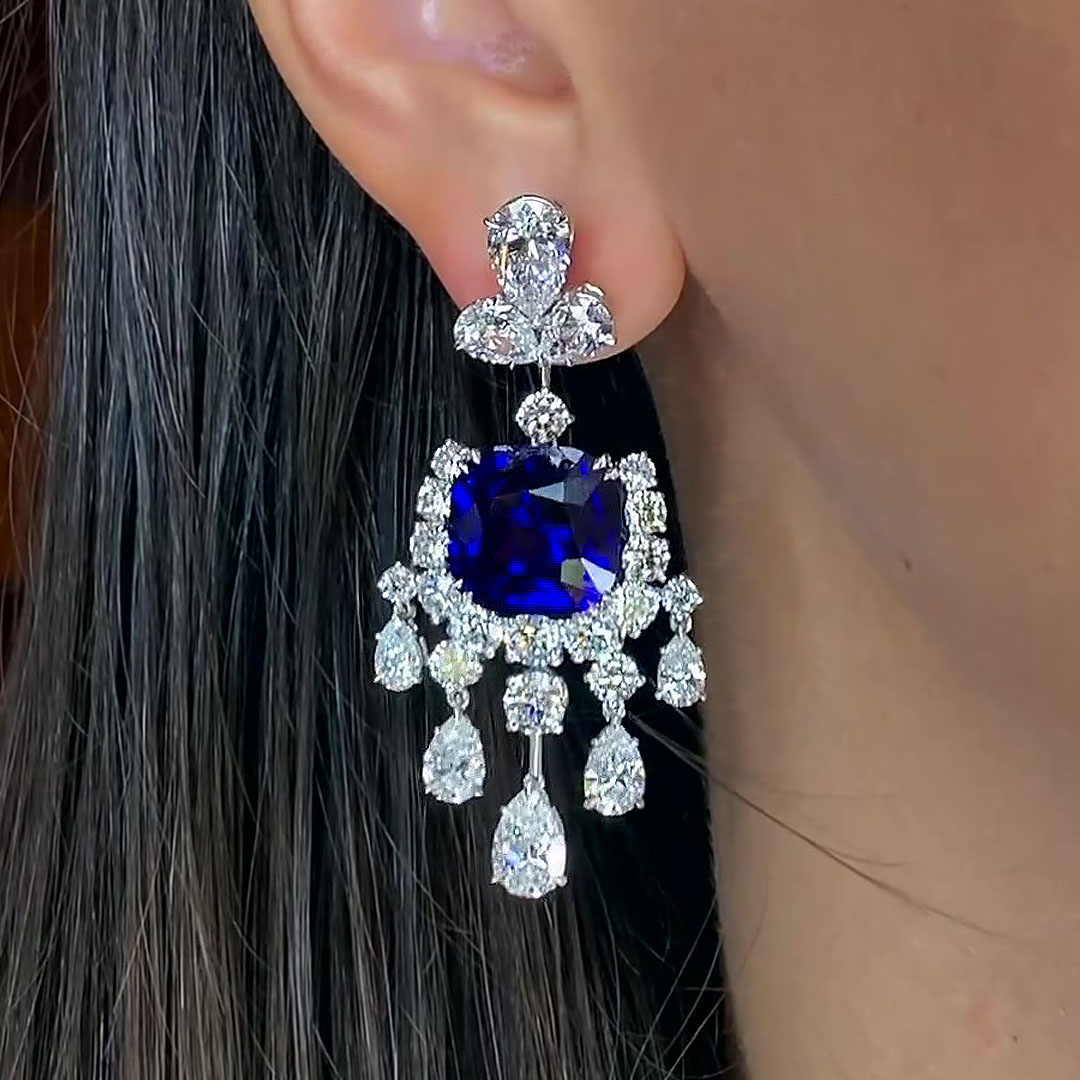 Art Design Blue&White Sapphire Dangle Earrings