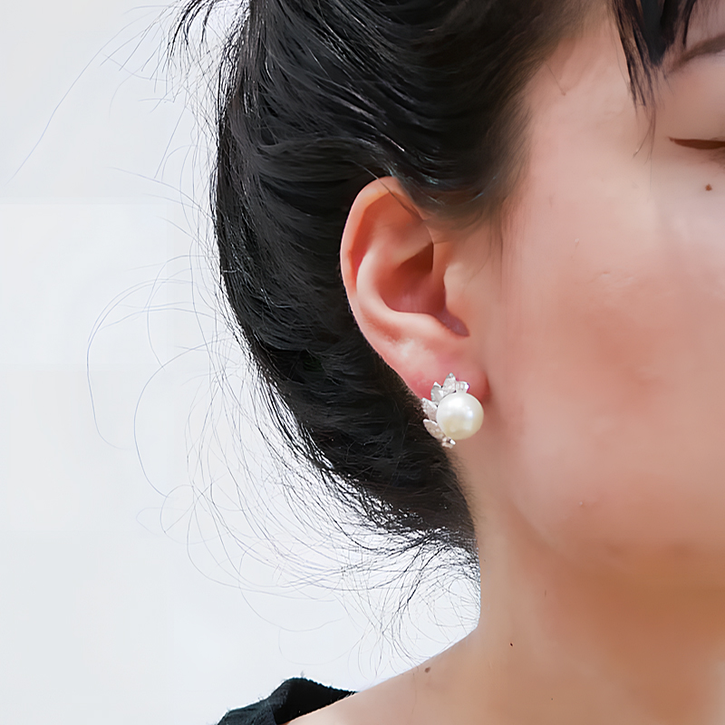 Art Deco Pearl&White Sapphire Stud Earrings