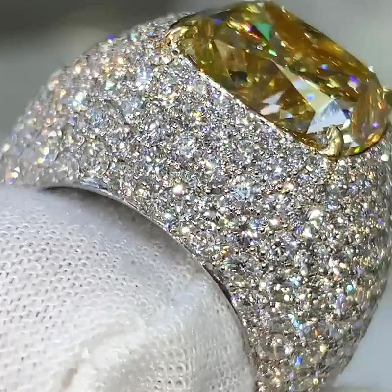 12.35ct Cushion Cut Yellow Sapphire Pave Men's Ring