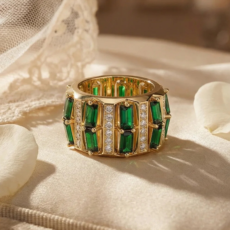 Baguette Emerald & White Sapphire Wide Band Statement Men's Ring