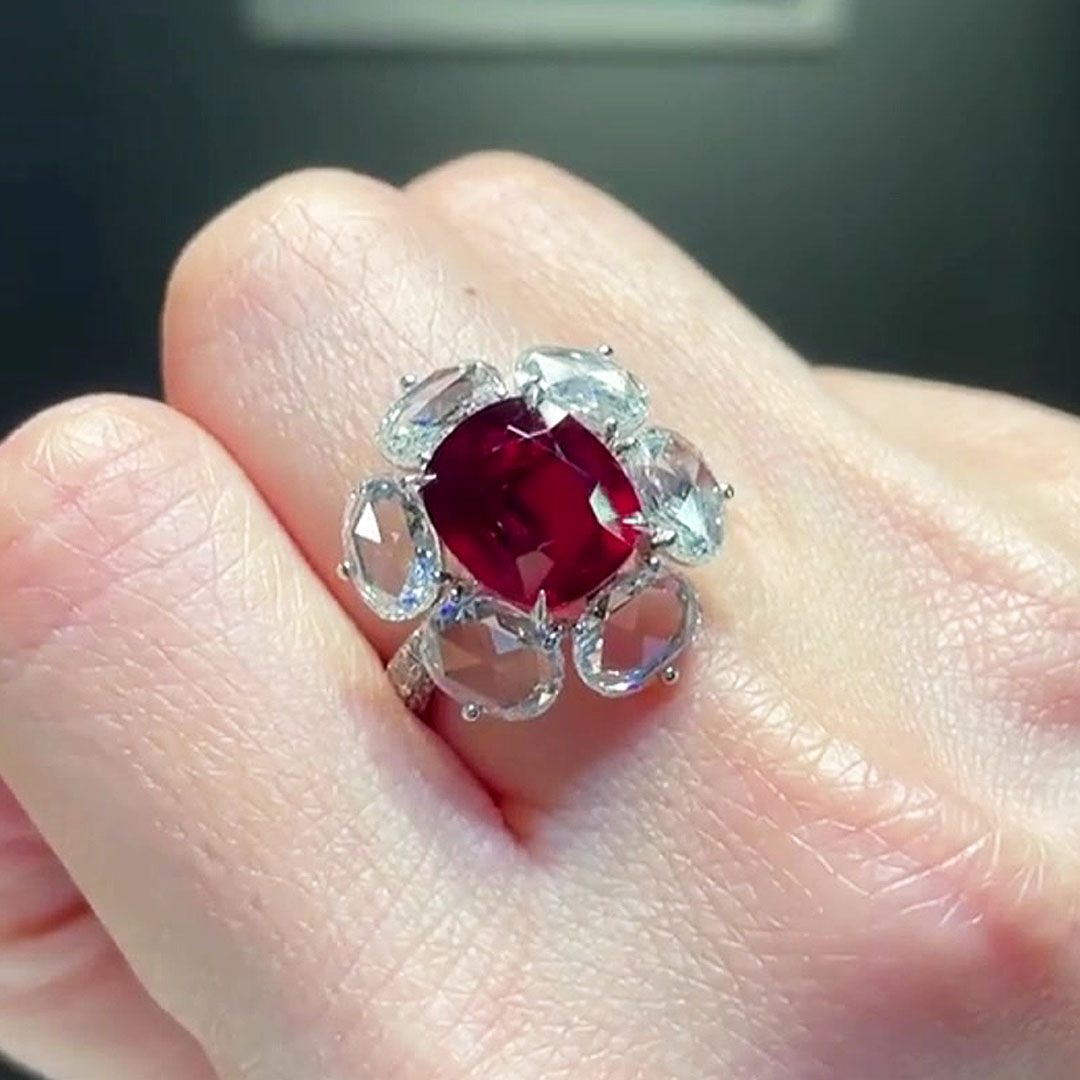 Floral Design 5ct Cushion Cut Ruby Sapphire Engagement Ring