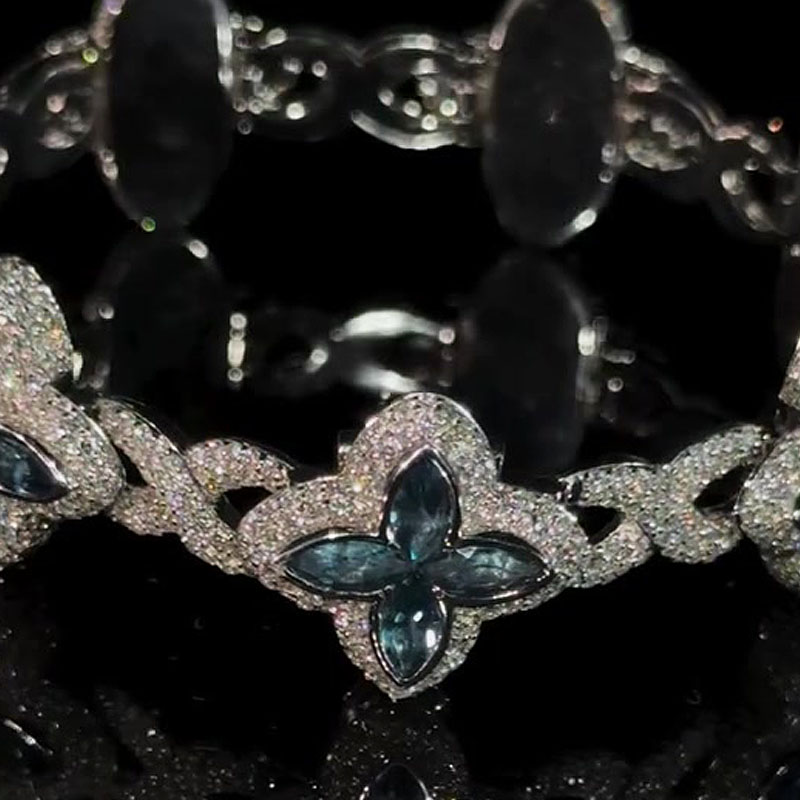 Men Marquise Cut Blue Sapphire Lucky Four Leaf Clover Bracelet