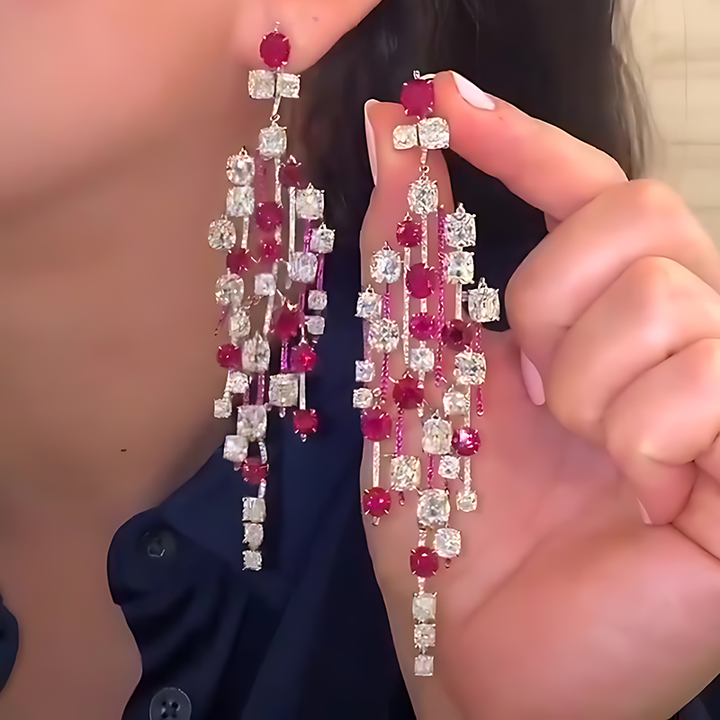 Ruby & White Sapphire Multi-Tier Chandelier Earrings
