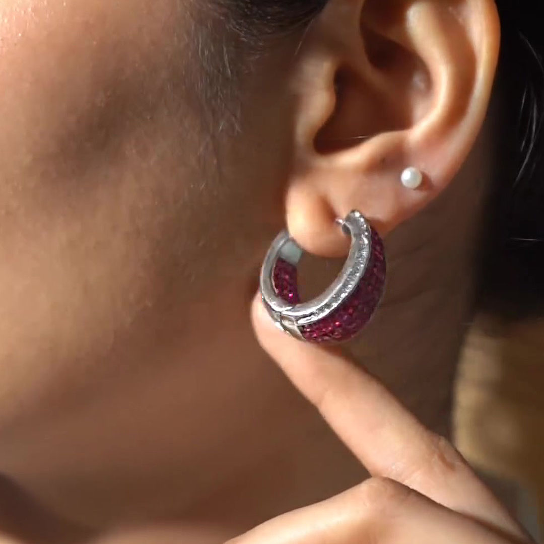 Invisible Setting Princess Cut Ruby Sapphire Hoop Earrings