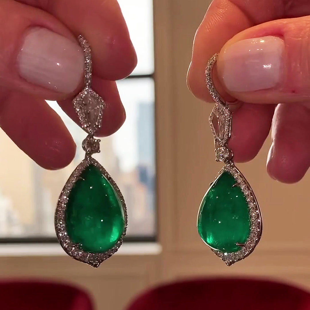 Micropavé Pear Cut Emerald Sapphire Dangle Earrings