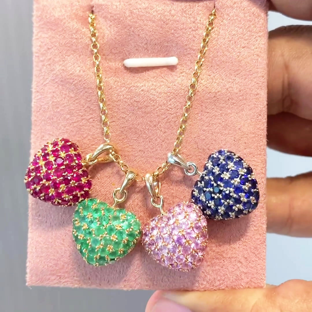 Round Cut Mulit-color Puffy Heart Pendant Necklaces