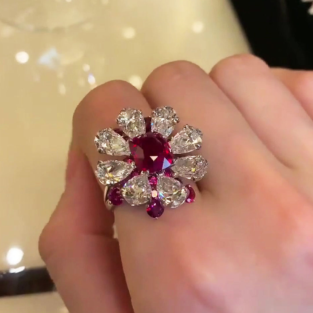 4ct Cushion Cut Ruby Sapphire Halo Flower Engagement Ring