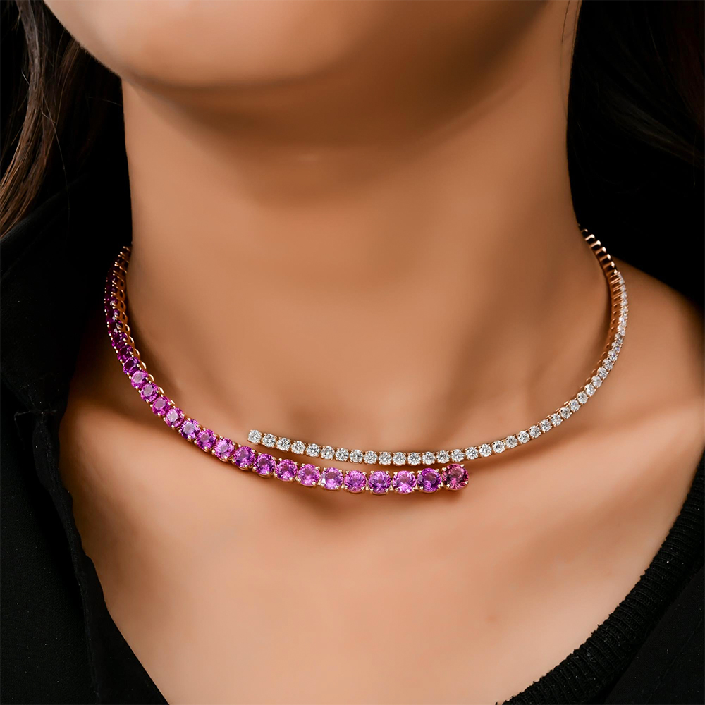 Two Tone Pink&White Sapphire Open Choker Necklace