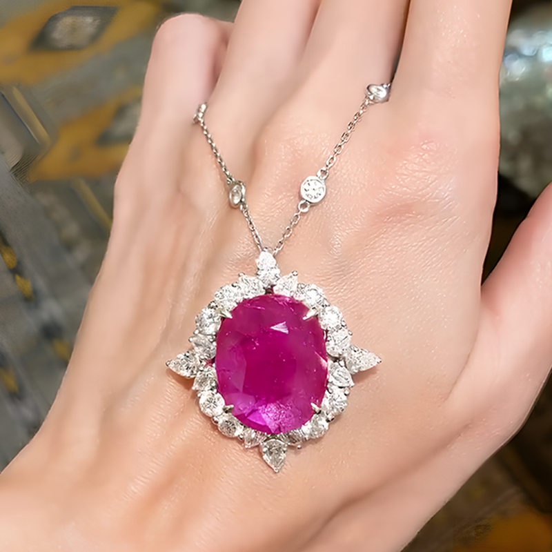 Ruby Sapphire Halo Pendant Necklace