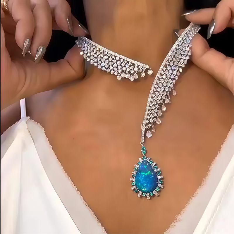 Opal & White Sapphire Convertible Multi-Row Choker Necklace