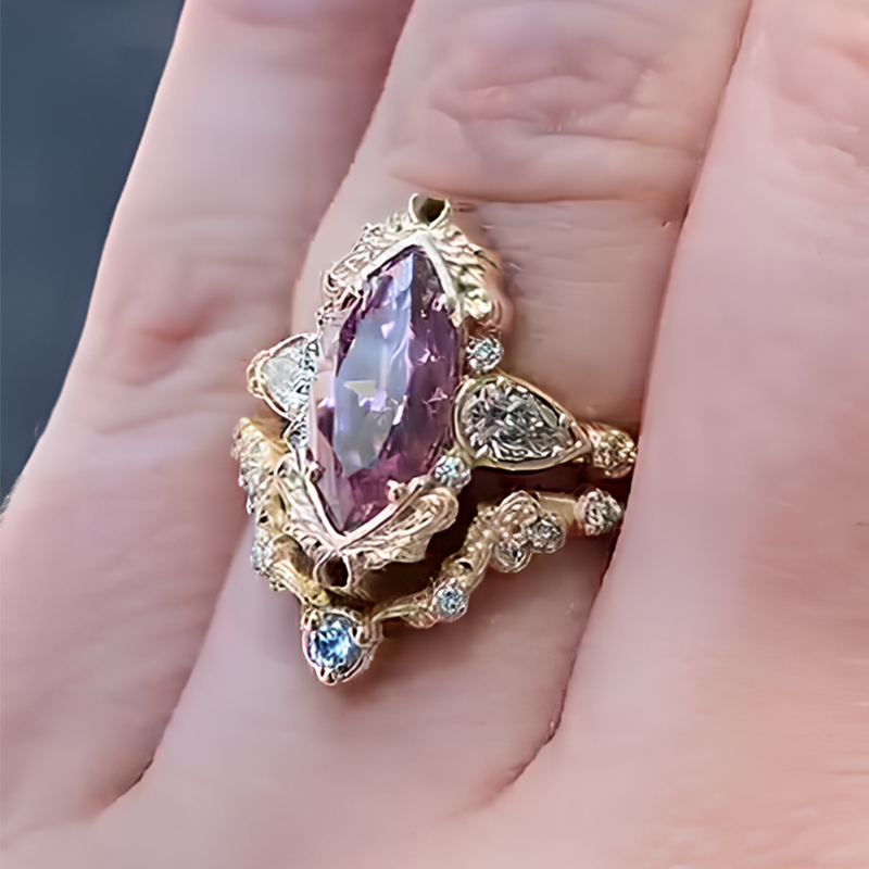 Vintage 1.5ct Marquise Cut Pink Sapphire Wedding Set