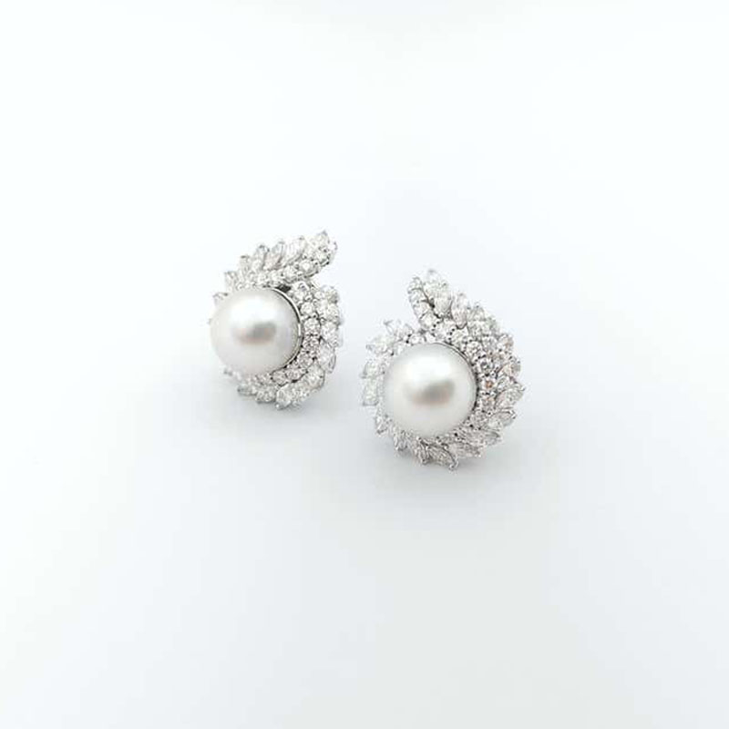 Art Deco Pearl&White Sapphire Stud Earrings