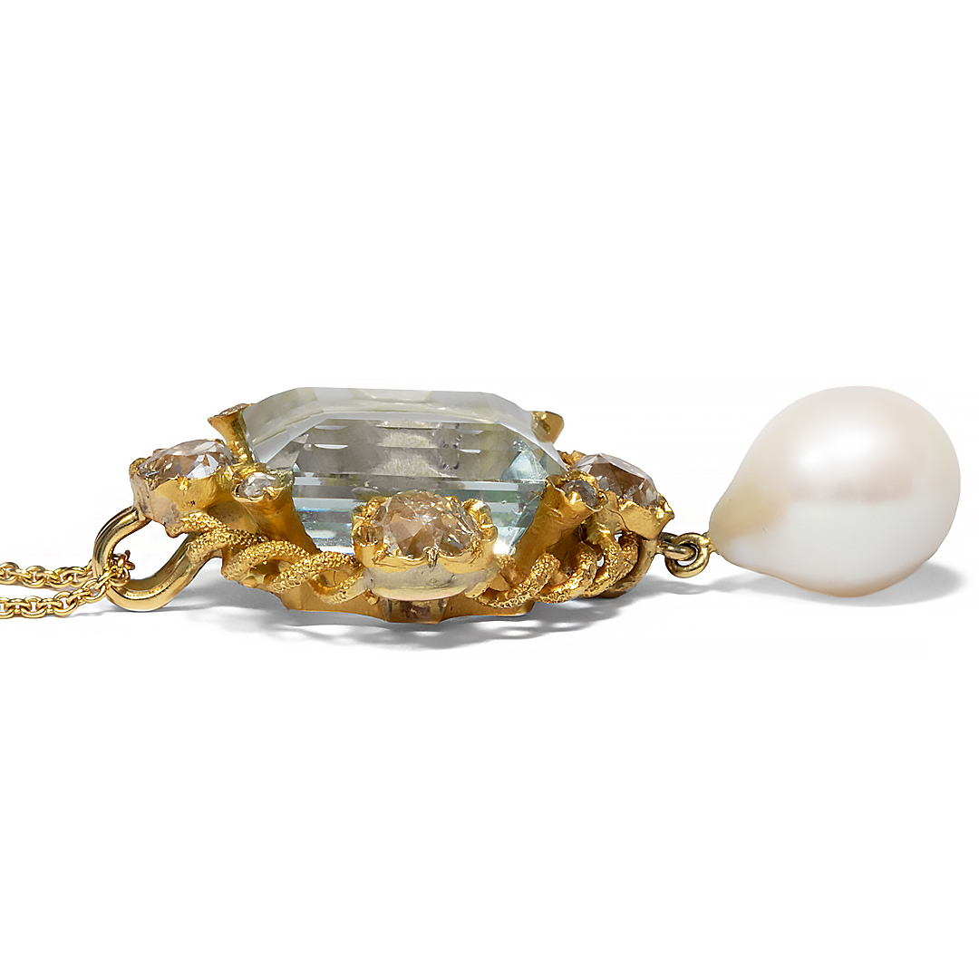Emerald Cut Aquamarine&Pearl Sapphire Pendant Necklace