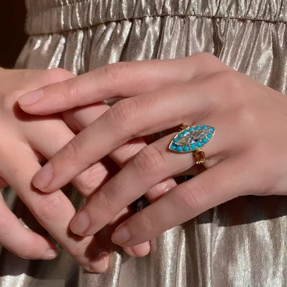 Bohemian 2.5ct Marquise Cut White Sapphire & Turquoise Statement Ring