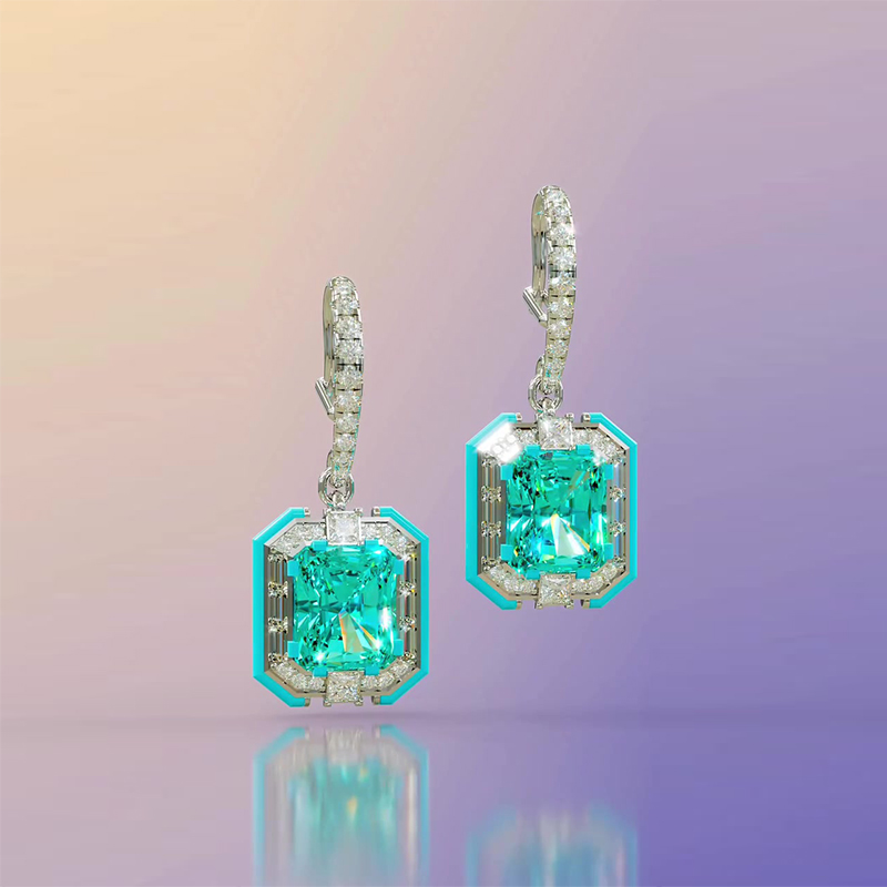 Emerald Cut Paraiba Tourmaline & White Sapphire Drop Earrings