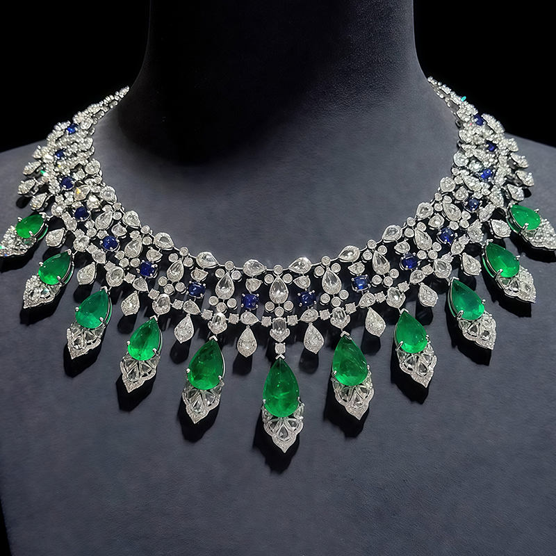Emerald, Sapphire & White Sapphire Royal Fringe Choker Necklace