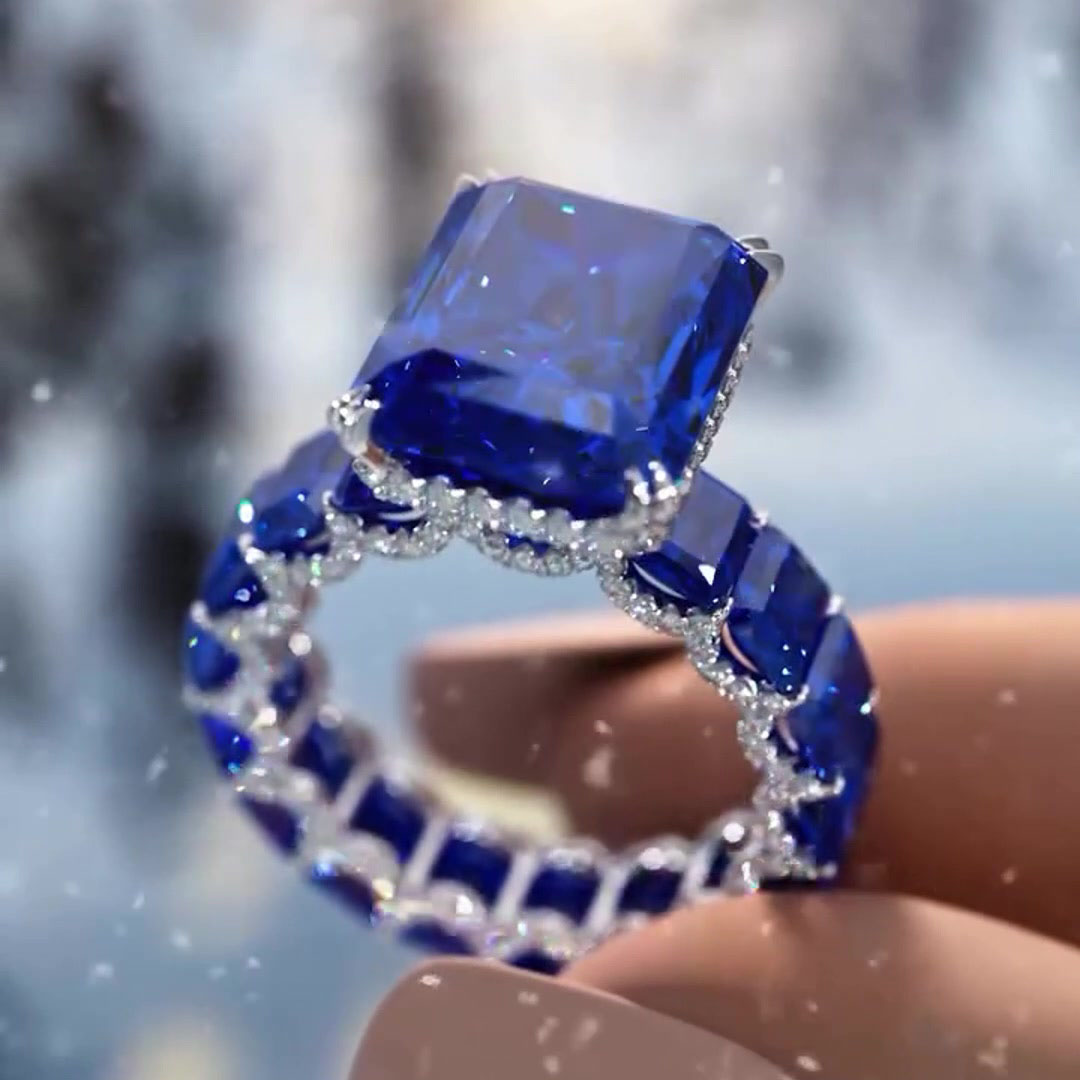 6ct Under Halo Emerald Cut Sapphire Engagement Ring