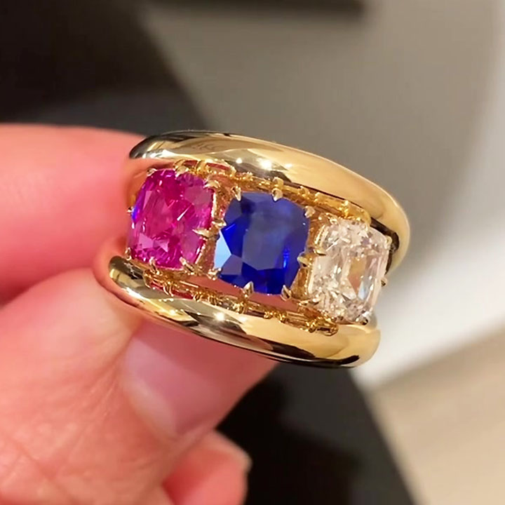 2ct Three-stone Cushion Cut Multi-color Split Shank Ring