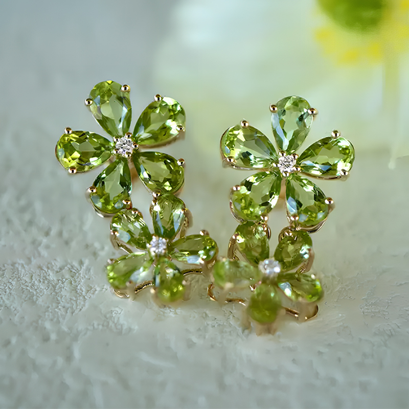 Petals Design Pear Cut Green Sapphire Earrings