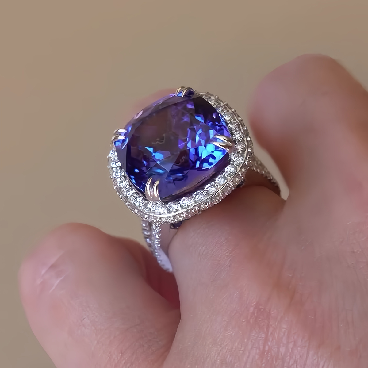 3.8ct Cushion Cut Purple Sapphire Halo Diamond Ring
