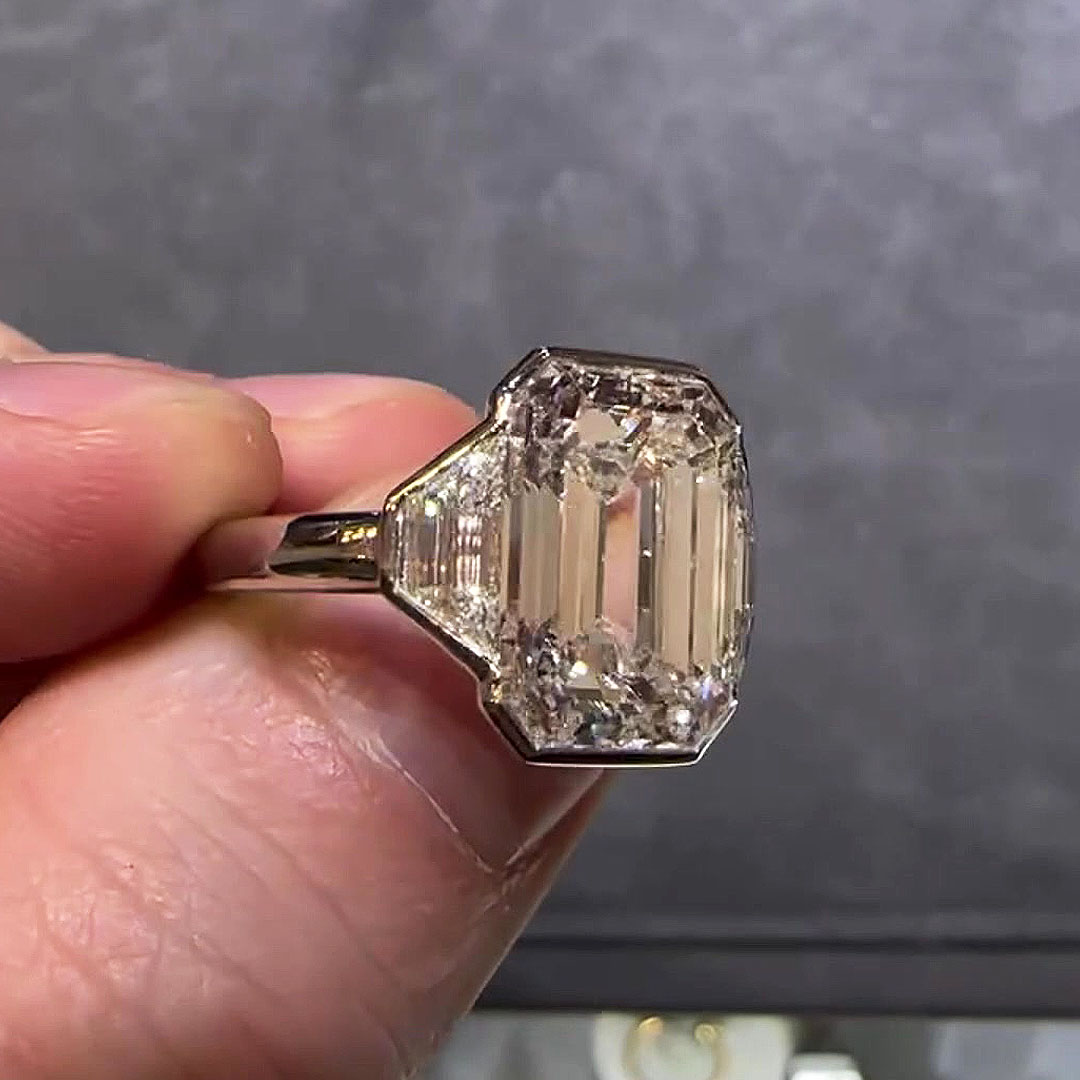 4ct Bezel Setting Emerald Cut White Sapphire Three-stone Engagement Ring