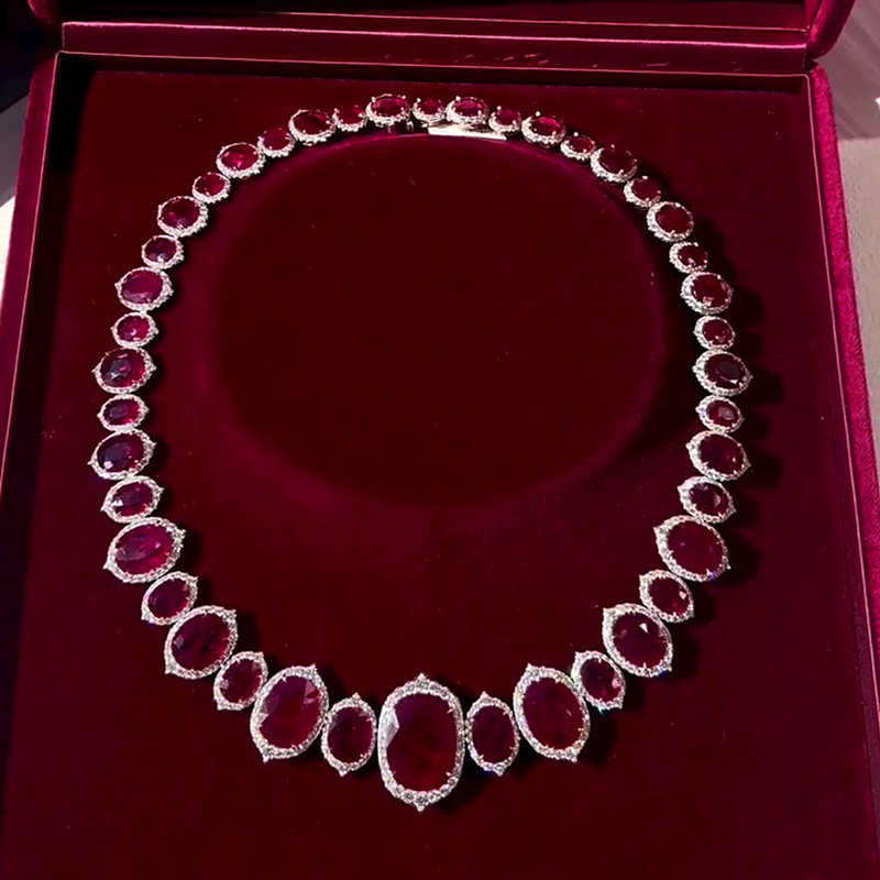 Oval Cut Vivid Red Ruby & White Sapphire Necklace