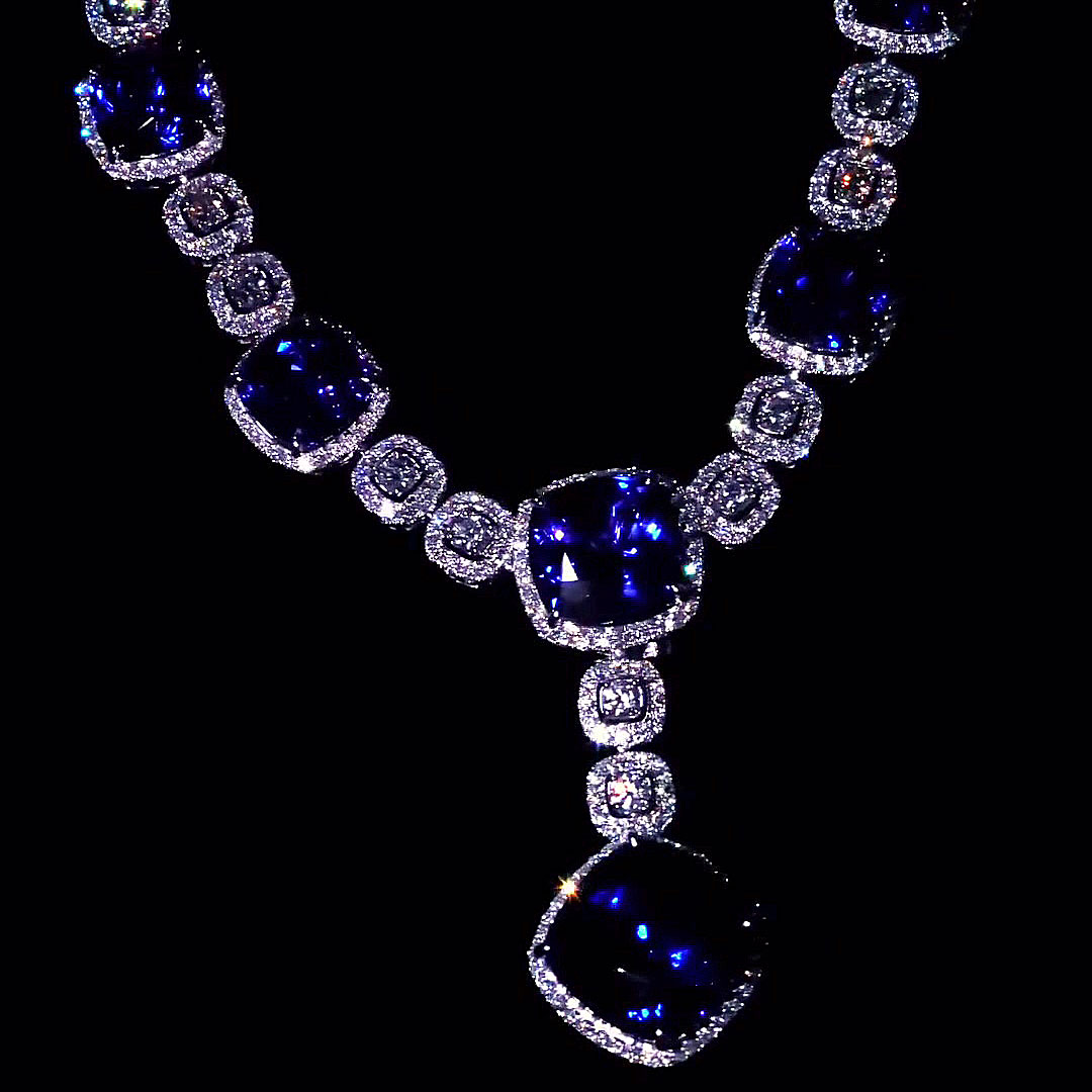 Cushion Cut Blue Sapphire Necklace&Earrings Set/2pcs