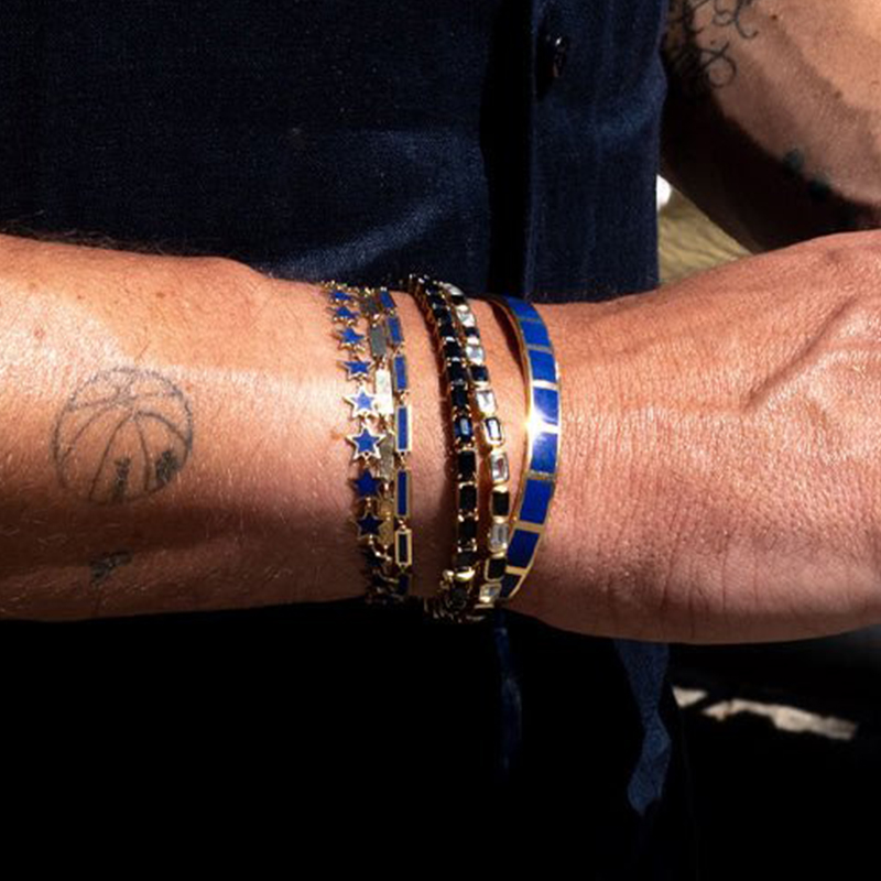 Emerald Cut Aquamarine & Blue Sapphire Two Tone Tennis Men's Bracelet
