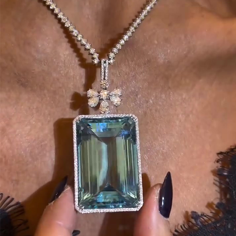 Halo Emerald Cut Aquamarine Sapphire Pendant Necklace