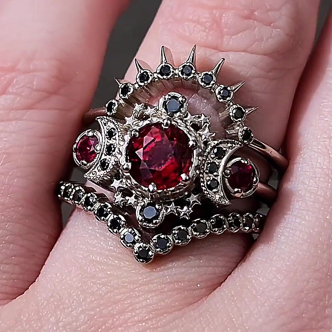 3ct Blood Moon Round Cut Ruby&Black Sapphire Wedding Set/3pcs