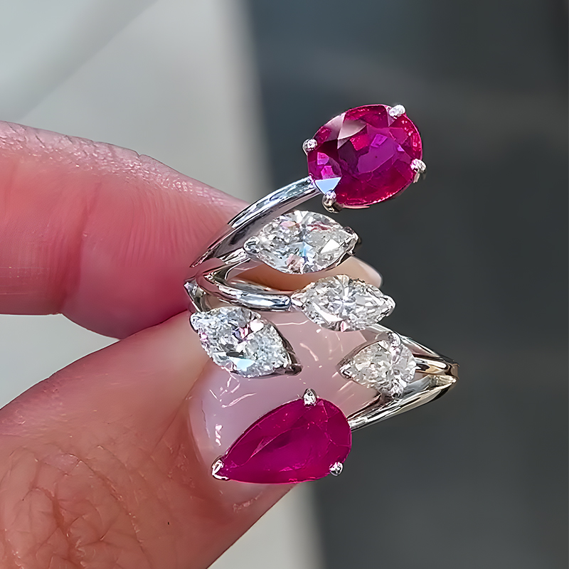 Art Deco Pear Cut & Oval Cut Ruby Leaf Wrap Ring