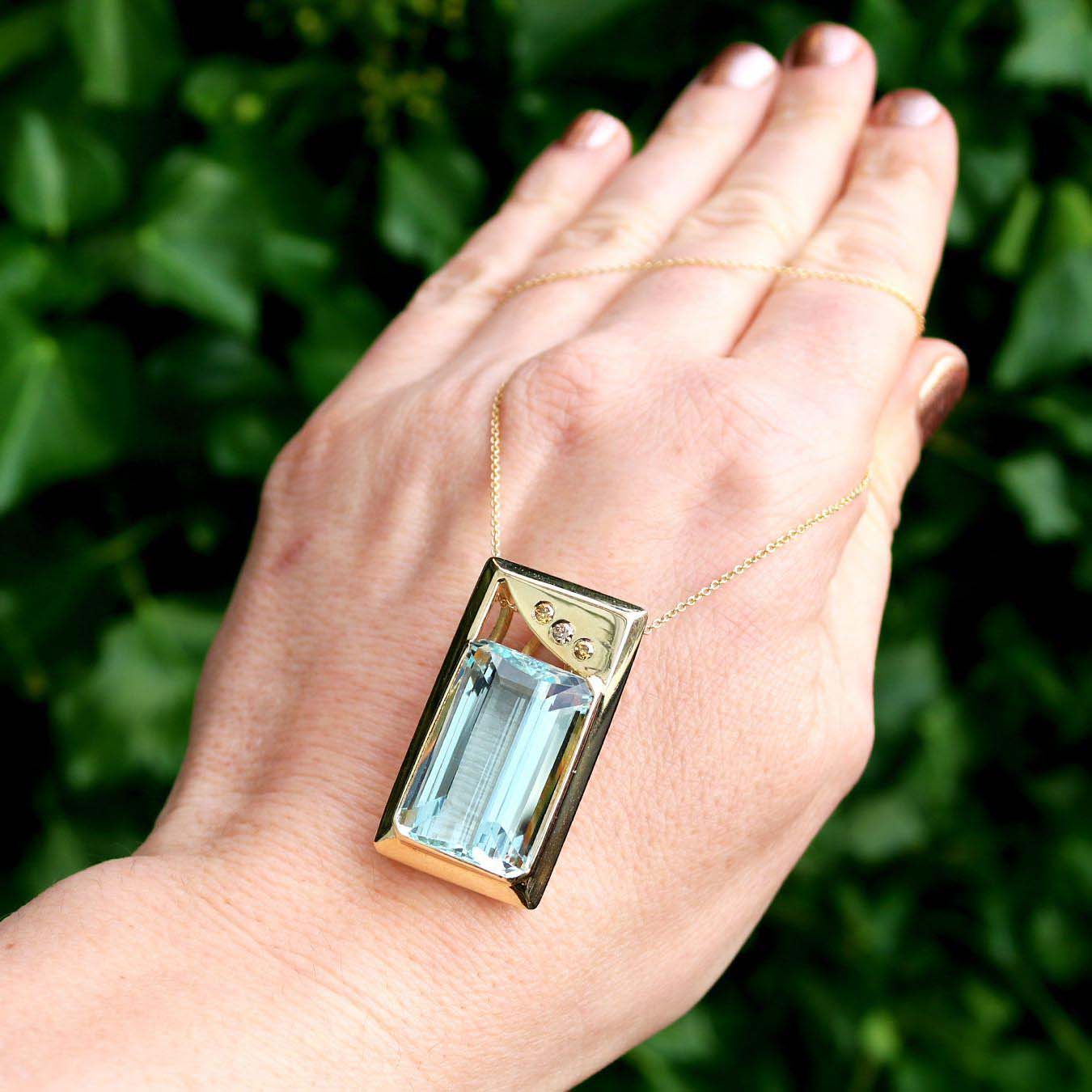 Baguette Cut Aquamarine&Diamond Pendant Necklace