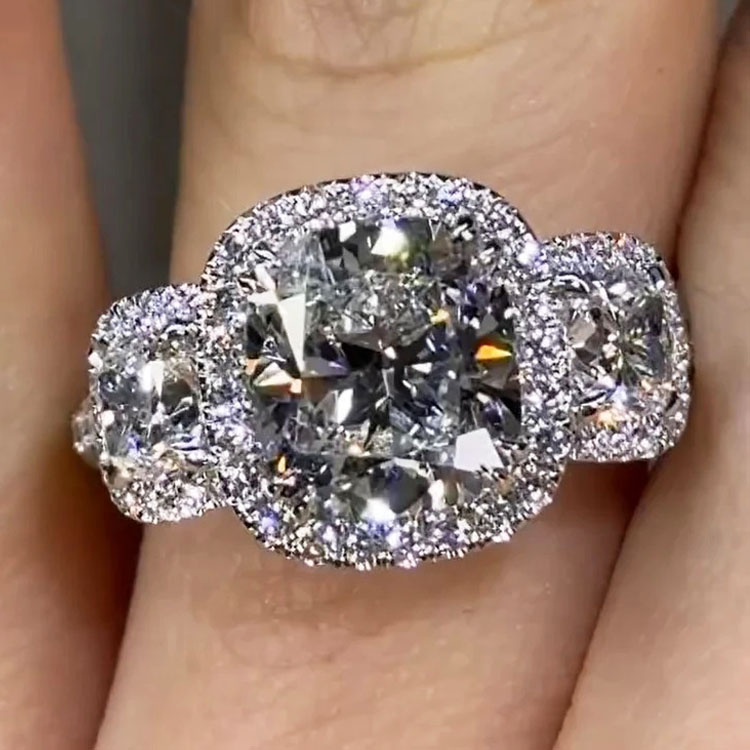 3ct Halo Three-stone Cushion Cut Diamond Engagement Ring