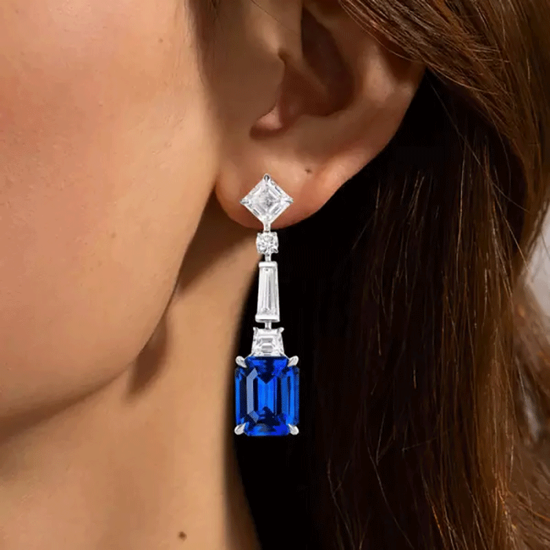 Emerald Cut Blue & Multi Cutt White Sapphire Earrings