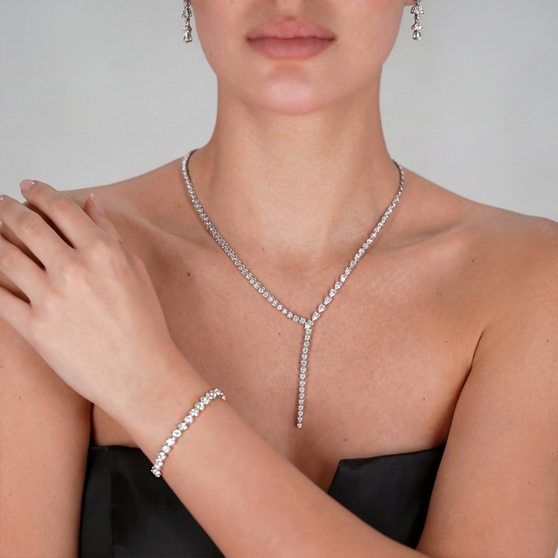 Round& Pear Cut White Sapphire Lariat Jewelry Set (3-Piece: Necklace + Bracelet + Earrings)