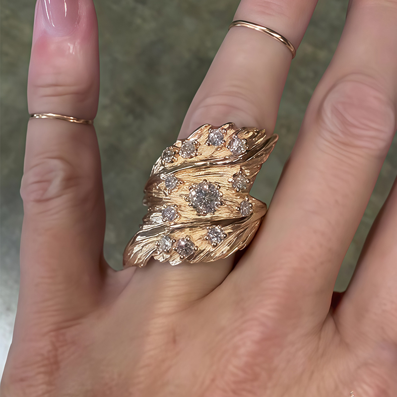 Textured Leaf Cluster Round Cut White Sapphire Band