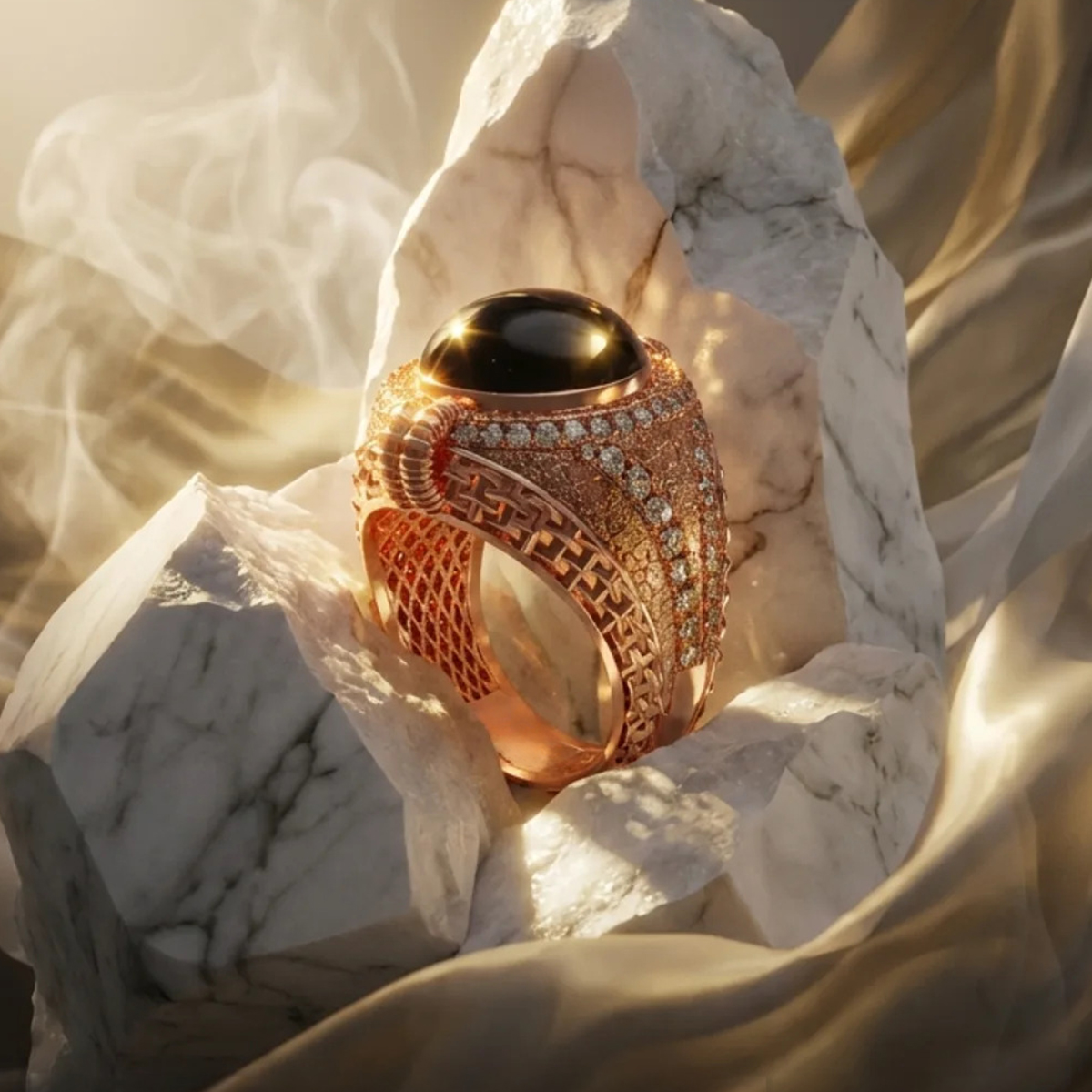 Vintage Filigree Rose Gold Black Onyx & White Sapphire Men's Ring