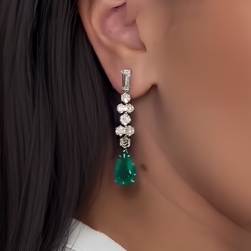 Two Tone White&Emerald Sapphire Drop Earrings