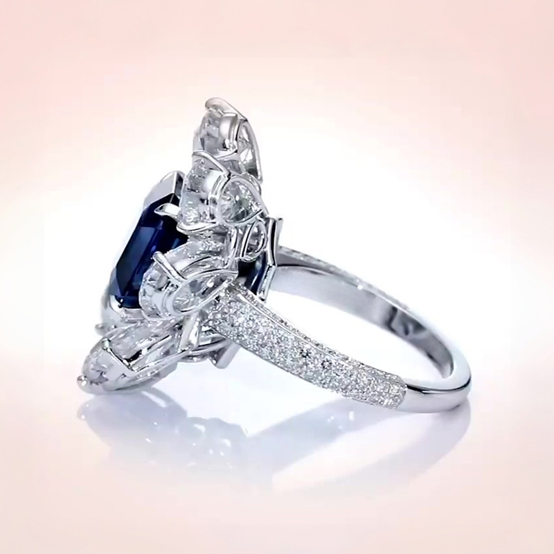 Classic 3ct  Asscher Cut Blue & White Sapphire Engagement Ring