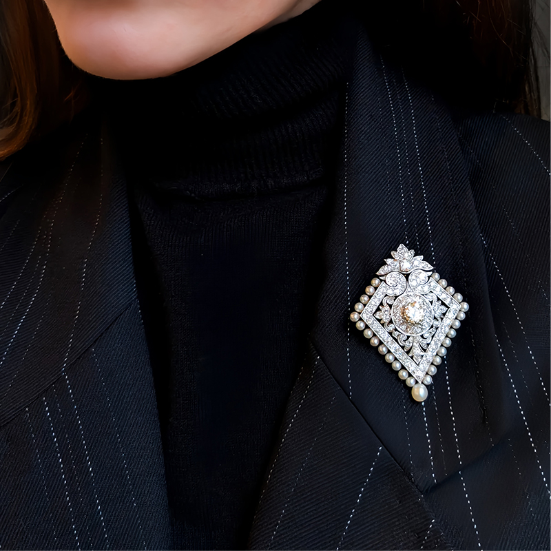 Convertible White Sapphire & Pearl Vintage Motif Brooch-Necklace