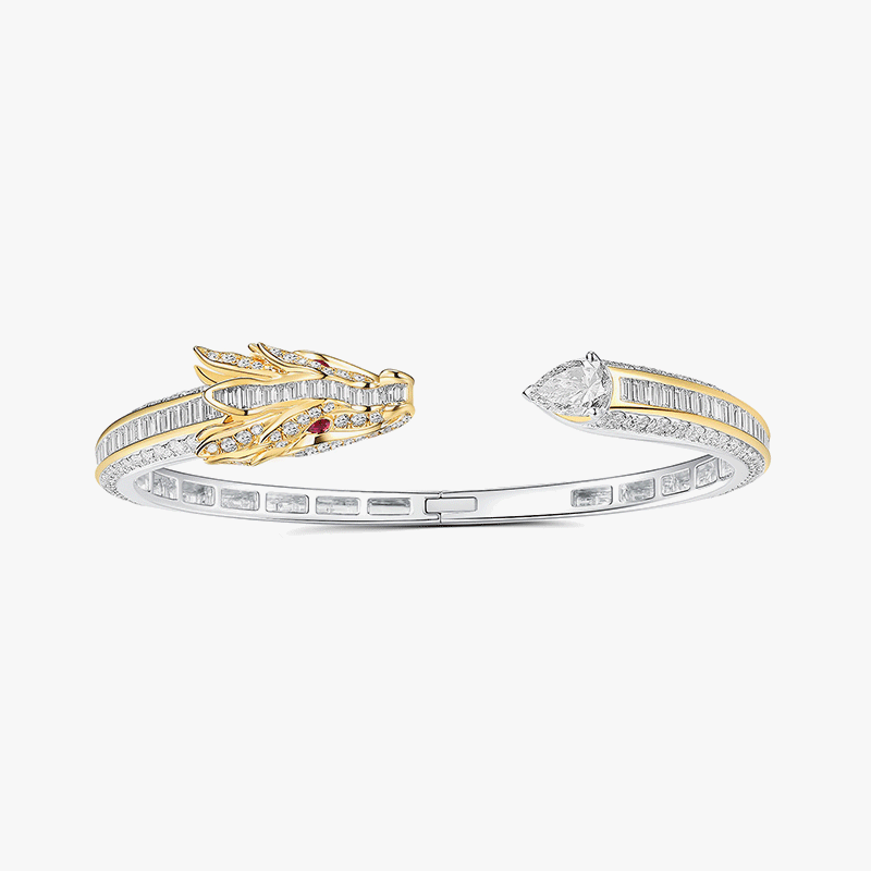Art Multi-Cut White & Ruby Sapphire Two-Tone Dragon Open Cuff Unisex Bracelet