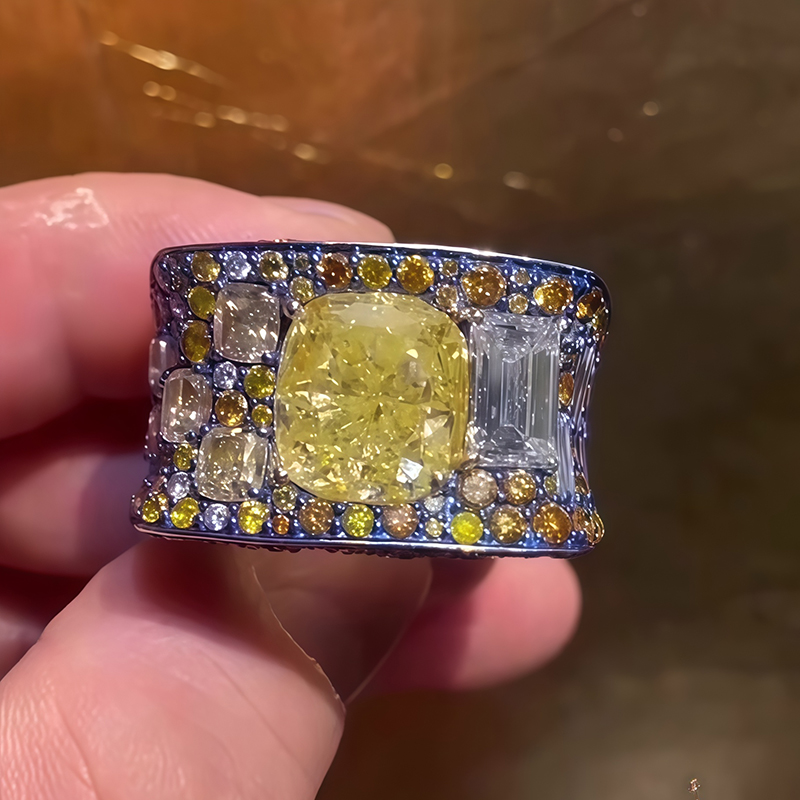 Cushion Cut Fancy Yellow Diamond & Multi-Gem Statement Ring