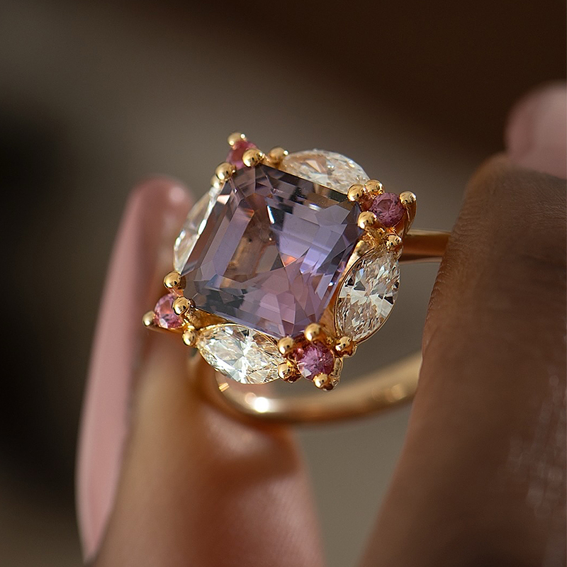 Asscher Cut Lavender Spinel & Multi-Stone Halo Ring