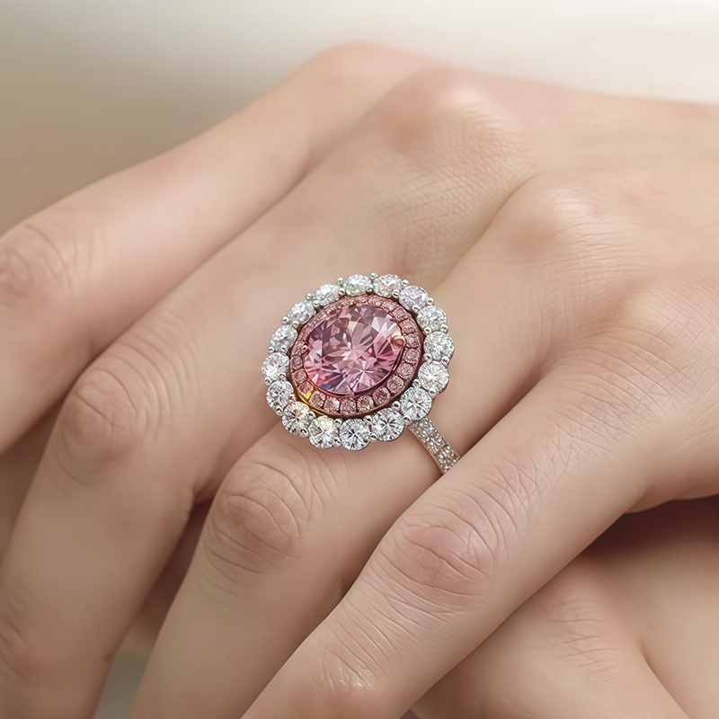 Round Brilliant Cut Pink Sapphire & Double Halo Engagement Ring