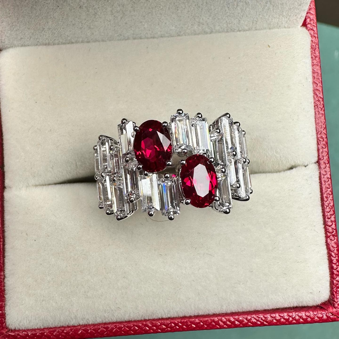 Oval Cut Ruby Sapphire & Baguette Cut White Sapphire Two-Stone Band