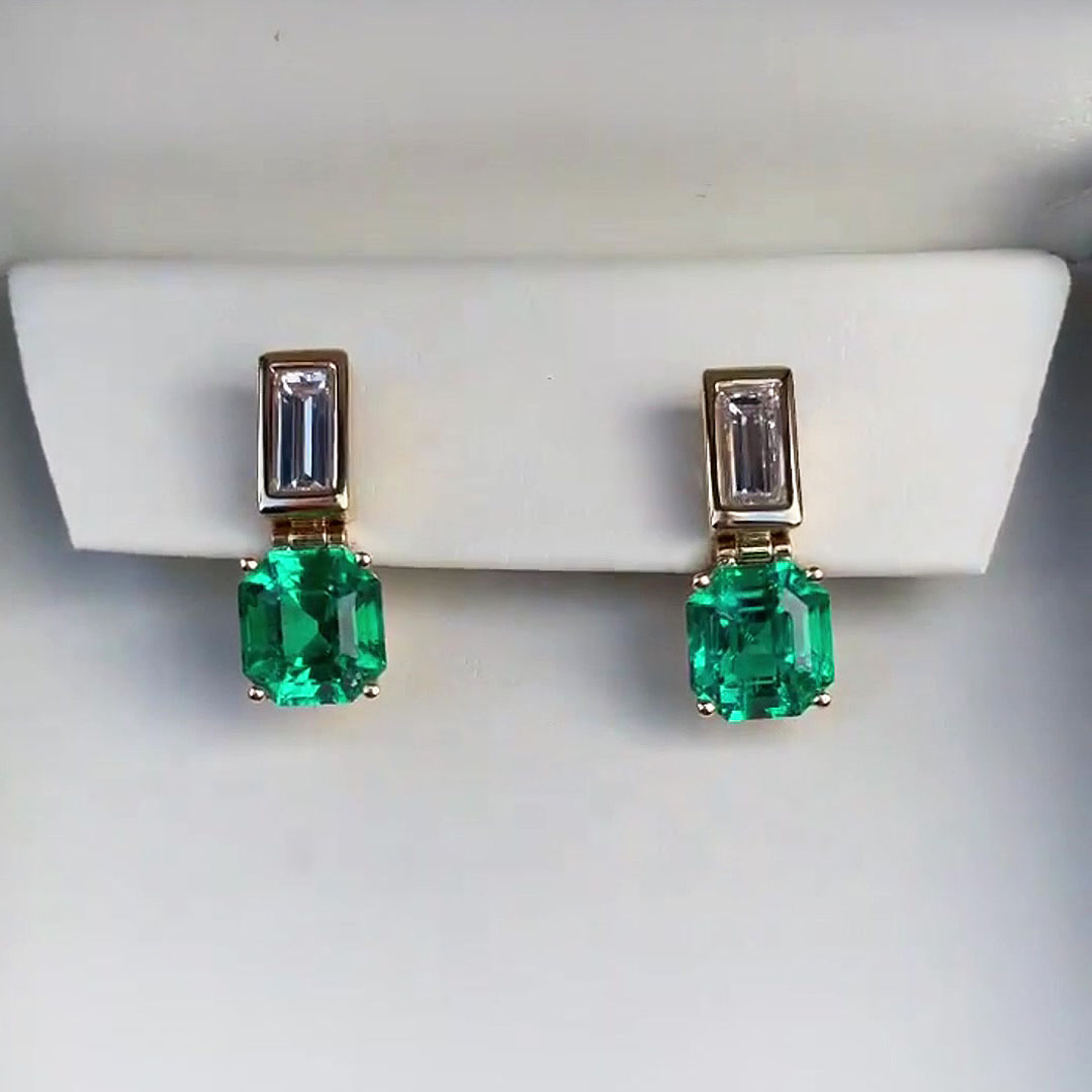 Emerald&Asscher Cut White&Emerald Sapphire Drop Earrings