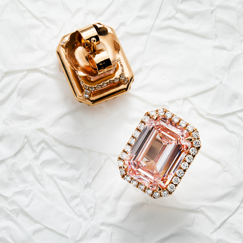 Halo Emerald Cut Pink Sapphire Stud Earrings