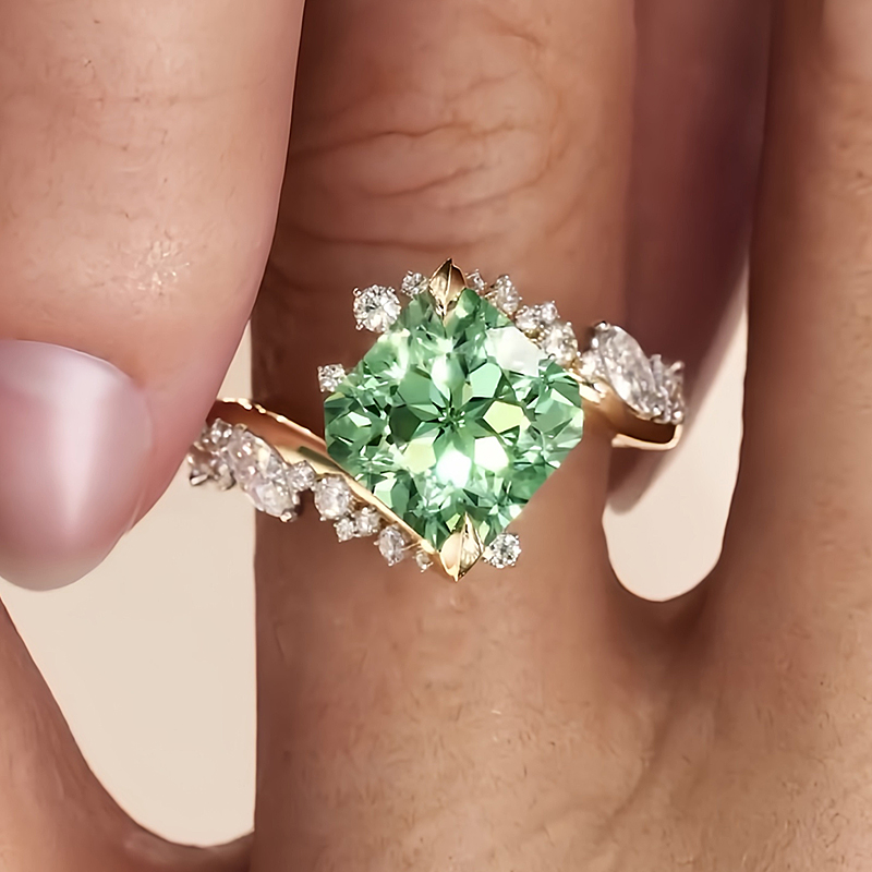 3ct Cushion Cut Mint Green Sapphire & White Sapphire Asymmetrical Cluster Ring