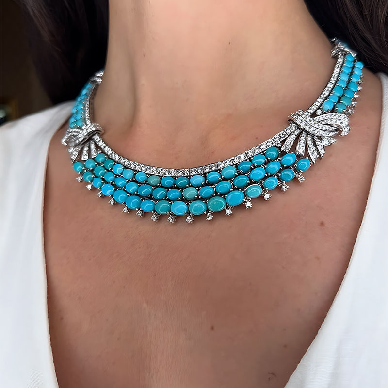 Turquoise & White Sapphire Multi-Layer Choker Necklace