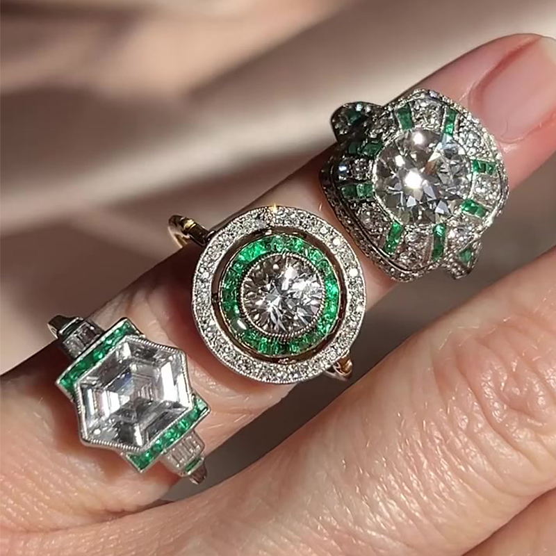 Emerald & White Sapphire Round & Princess Cut Halo Engagement Ring